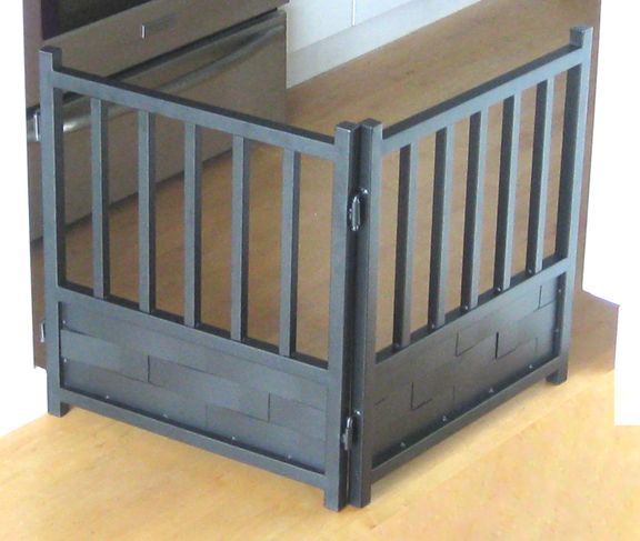 Black stand alone weave metal dog gate